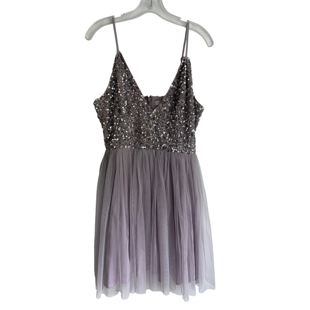 Beauut Sequin Tulle Mini Dress Lavender Purple V-Neck Party BTA 220362 US 12